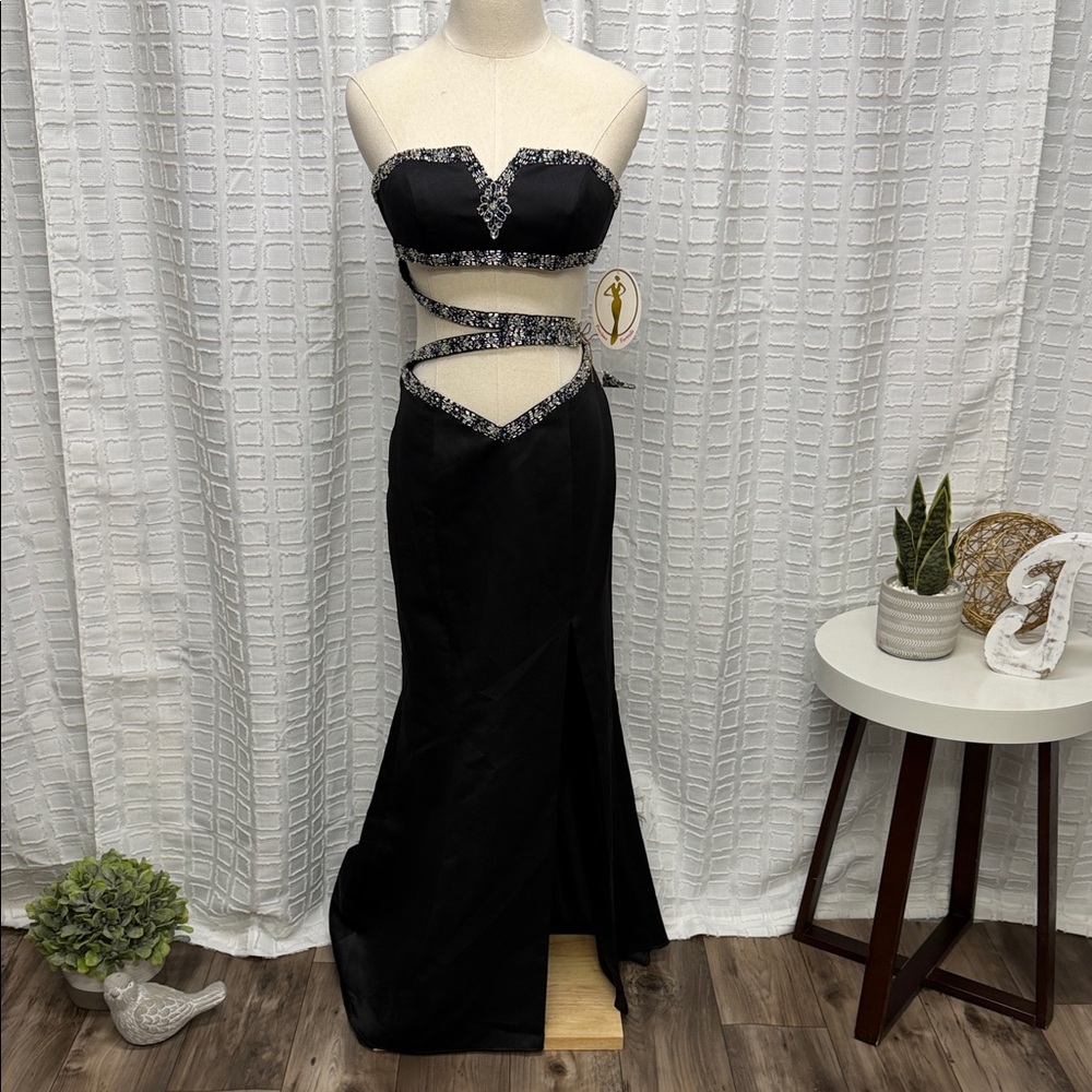 Precious Formals Black and Silver Prom Dress